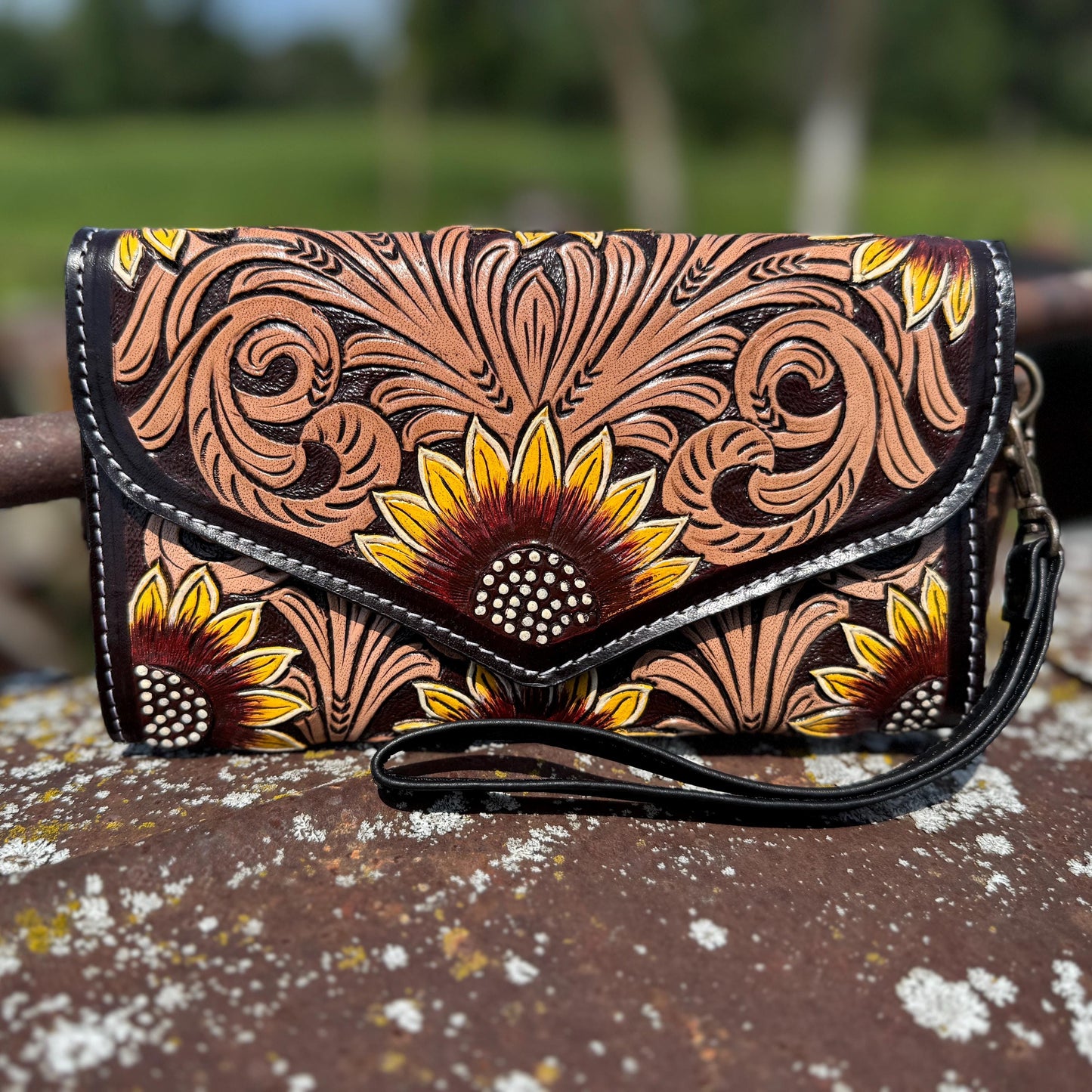 Genuine Western Cowhide Leather Purse or Clutch with Dark Sunflower painted details a Double B Wild Rags Exclusive