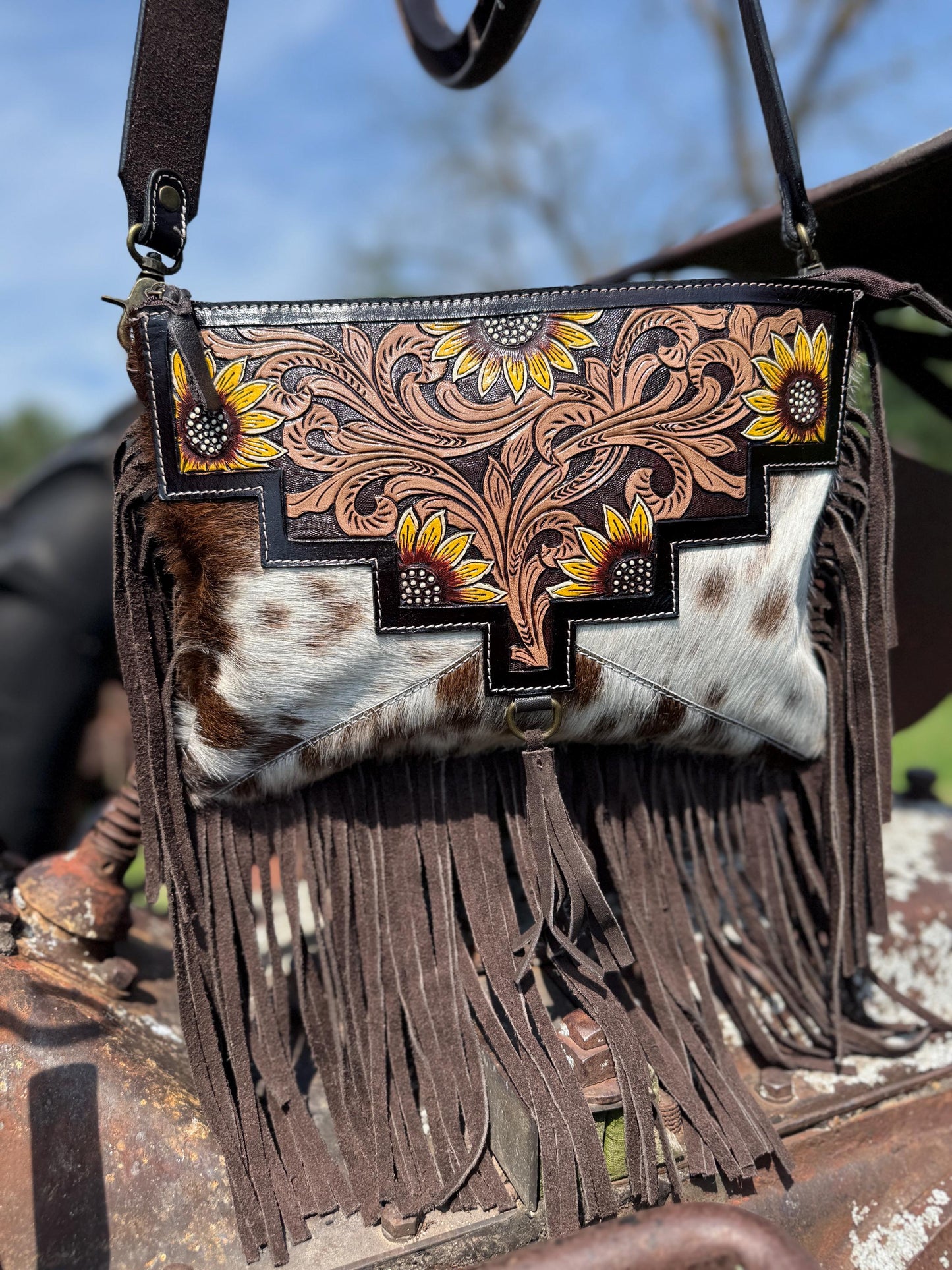 Genuine Western Cowhide Leather Purse or Clutch with Dark Sunflower painted details a Double B Wild Rags Exclusive