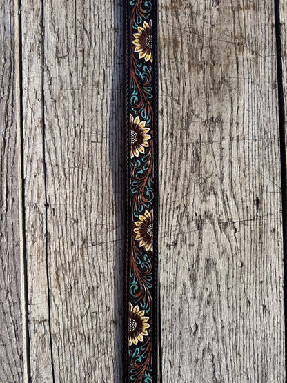 Genuine Leather Western Belt with dark tooled sunflowers and turquoise by Double B Wild Rags