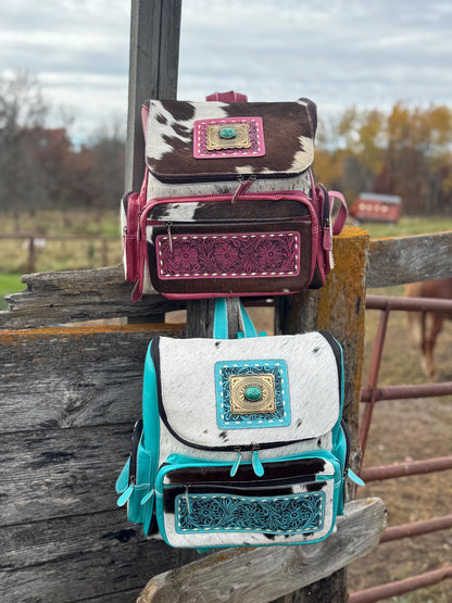 Pink or Turquoise Genuine Western Cowhide Leather Backpack Diaper Bag Personal Item carry-on luggage by Double B Wild Rags