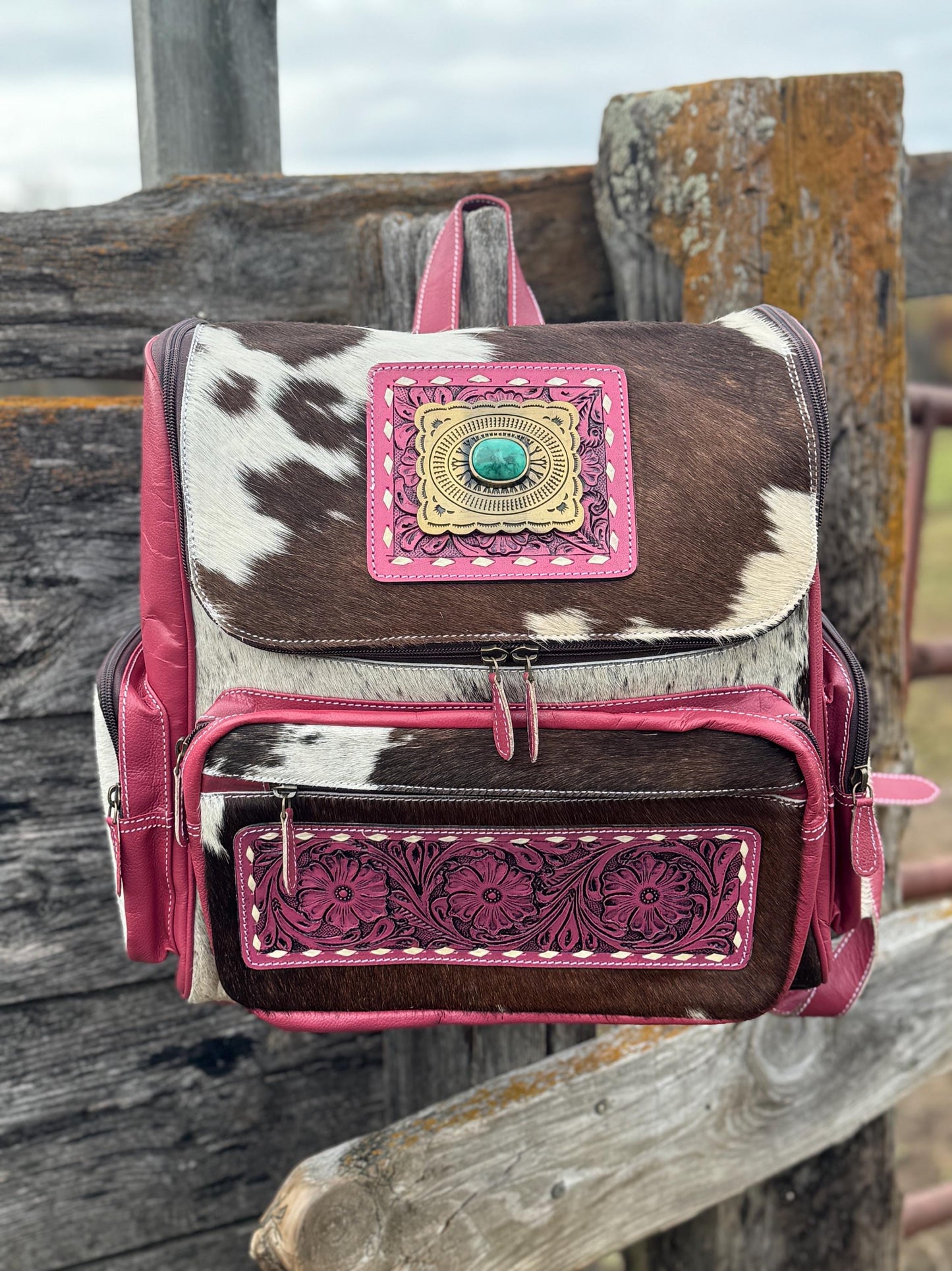 Pink or Turquoise Genuine Western Cowhide Leather Backpack Diaper Bag Personal Item carry-on luggage by Double B Wild Rags