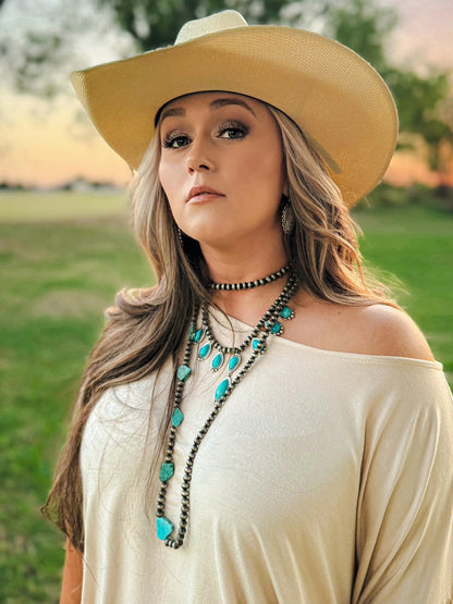 Teardrop Faux Turquoise and Sterling Pearl Necklace - 16 inch + 3