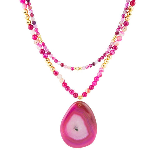 Pink Agate Golden Pendant Necklace