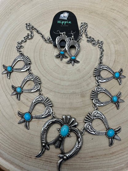 Squash Blossom and Faux Turquoise & Earring Set - 24 inch necklace
