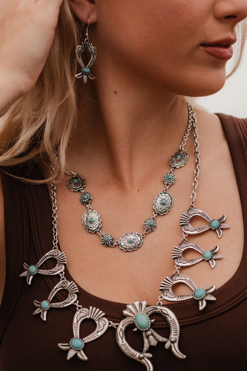 Squash Blossom and Faux Turquoise & Earring Set - 24 inch necklace