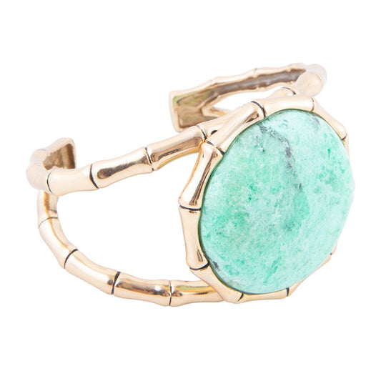 Vibrant Green Chrysoprase Golden Bamboo Statement Cuff Bracelet