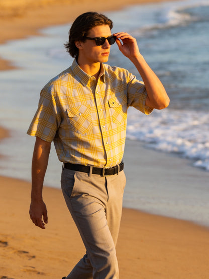 Feather Plaids - Gray & Yellow - Short Sleeve - Casual Fit